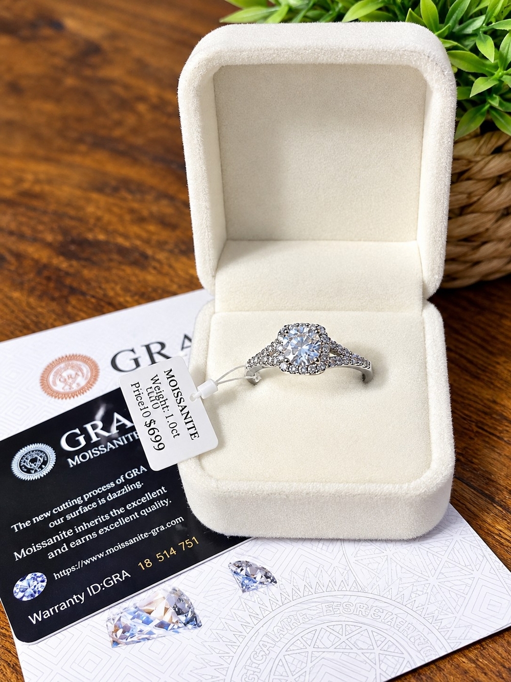 Stunning Moissanite Halo Engagement Ring in Silver Tone - Certified, Sz 10